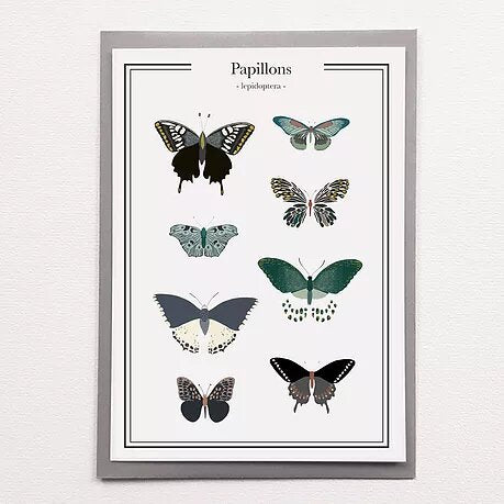 Photo d'une affiche en sérigraphie A4 avec des papillons sérigraphiée à Lyon et en papier certifié FSC.