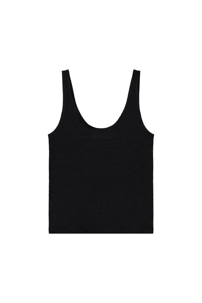 T-shirt sans manches noir en lin cultivé, tissé et teint en France par la marque Splice.