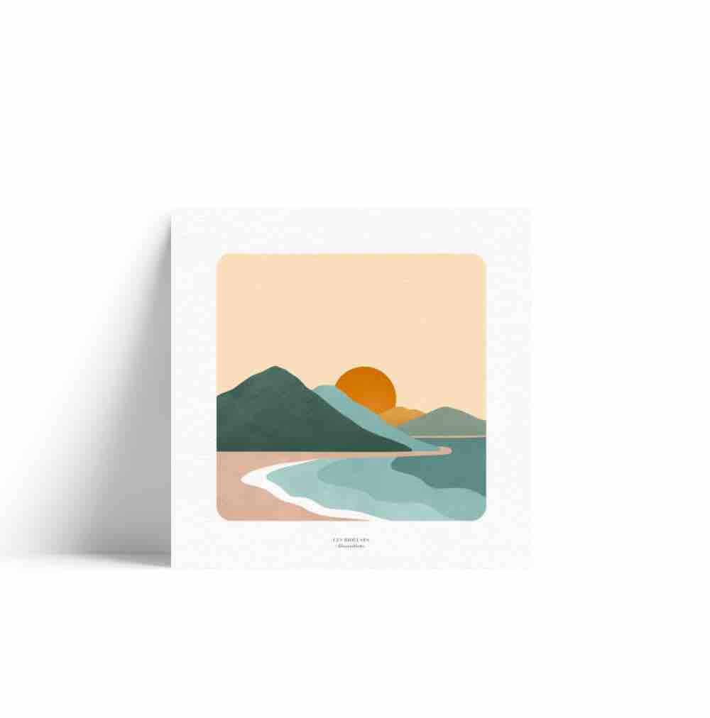Illustration d'un paysage avec la mer et des montagnes dans les couleurs pastelles.
