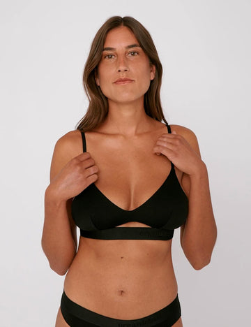 Photo d'un mannequin de face portant une brassière triangle en lyocell noire fabriquée au Portugal de la marque Organic Basics.