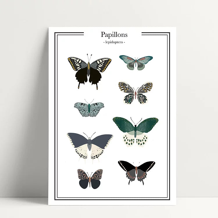 Photo d'une carte postale artistique avec papillons et sérigraphiée à Lyon en papier certifié FSC.
