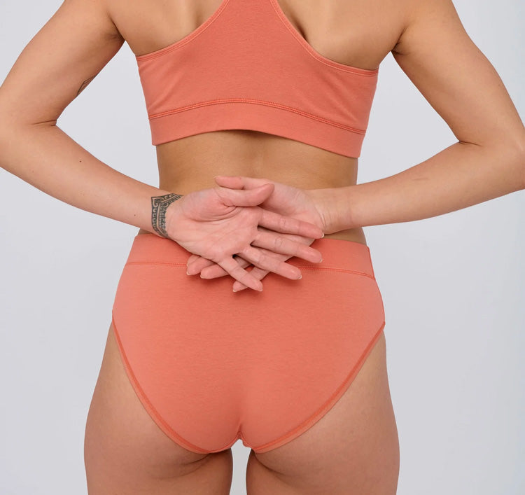 Photo d'un mannequin de dos portant une culotte taille basse corail en coton bio.
