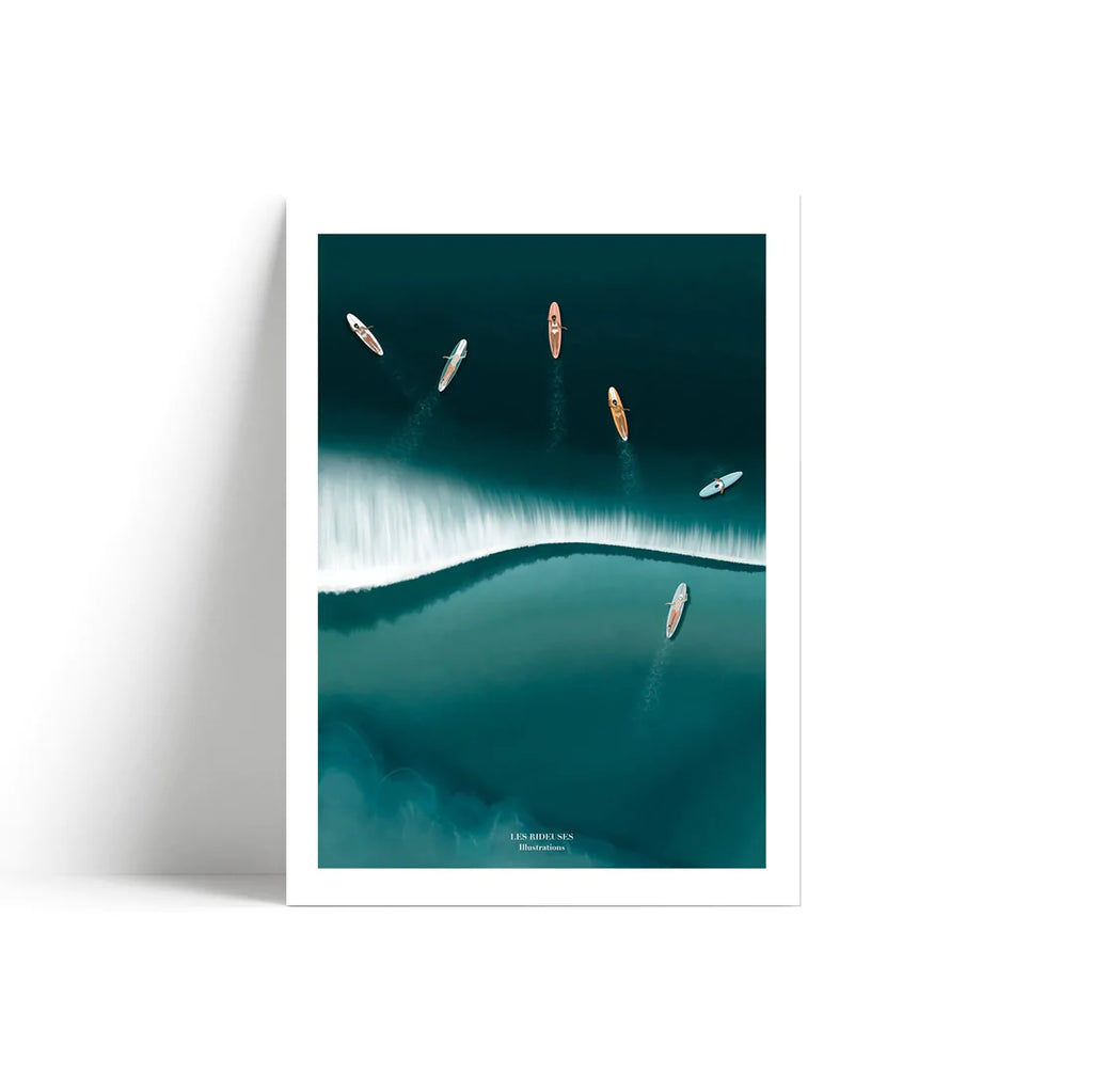 Illustration de surfeuses derrière le line up en papier certifié FSC et imprimée en France.