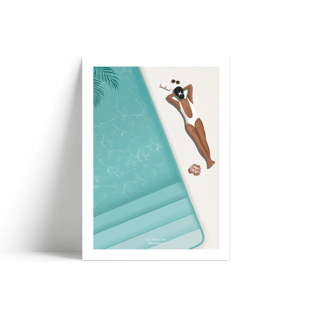 Illustration d'une femme allongée à côté d'une piscine sur du papier certifié FSC et imprimée en France.