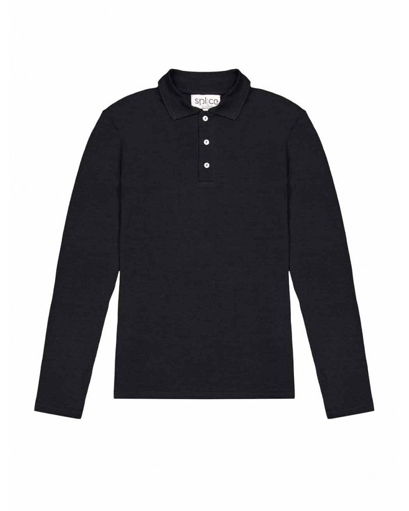 T-shirt manches longues noir avec col et boutons made in France de la marque française durable  Splice.