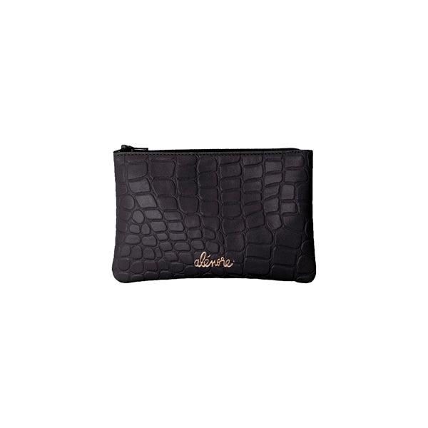 Photo d'une poche zippée pour femme vegan couleur noir et effet croco fabriquée en France.