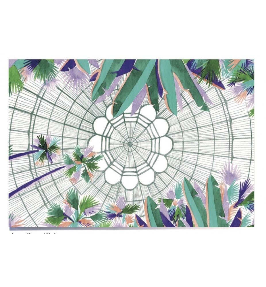 Photo d'un cahier pour dessiner au format A5 avec un dessin jardin d'hiver dans les tons vert et violet en papier certifié fsc et imprimé en France. 