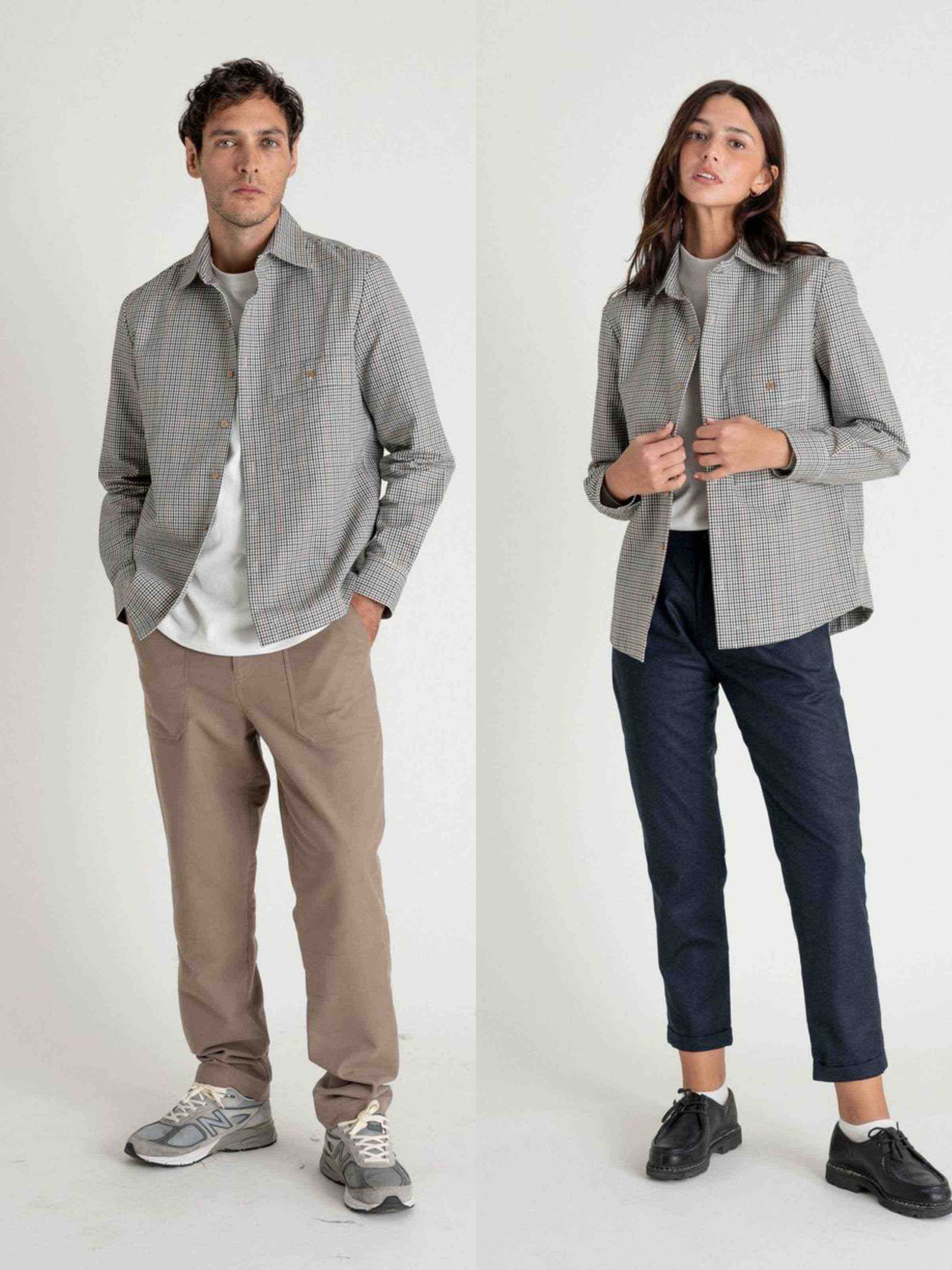 Un homme et une femme porte une chemise à carreaux de la marque Noyoco.