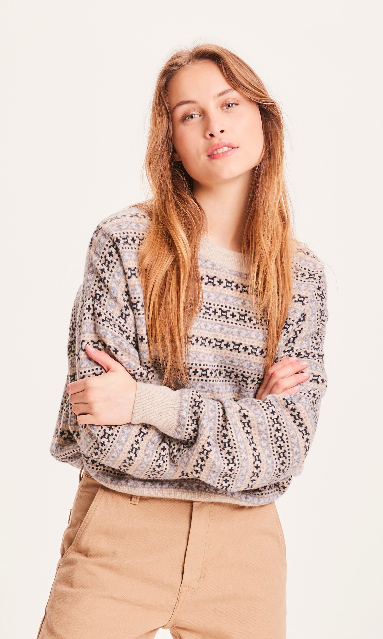 Pull Myrthe Col rond Taupe imprimé en Laine d'agneau biologique GOTS - Marque Knowledge Cotton Apparel